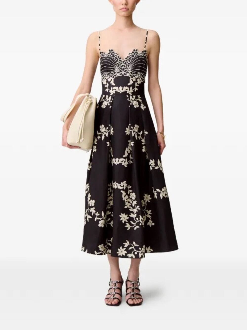 CLAUDIE PIERLOT Black White Contrasting Floral Embroidery Strappy Midi Dress S